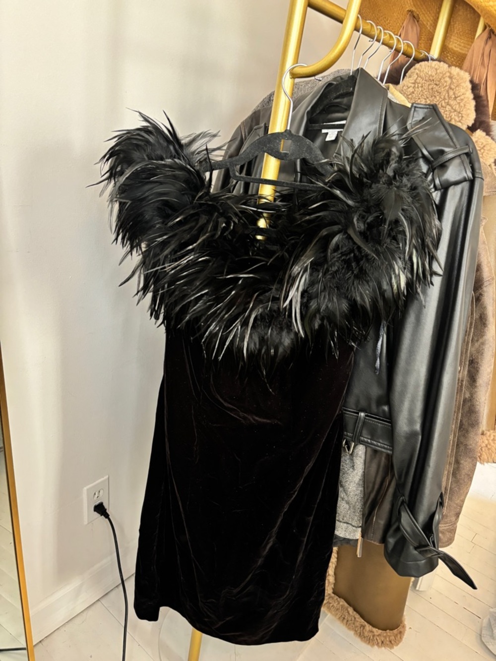 Vintage Black Velvet Mini Dress with Feather Trim
